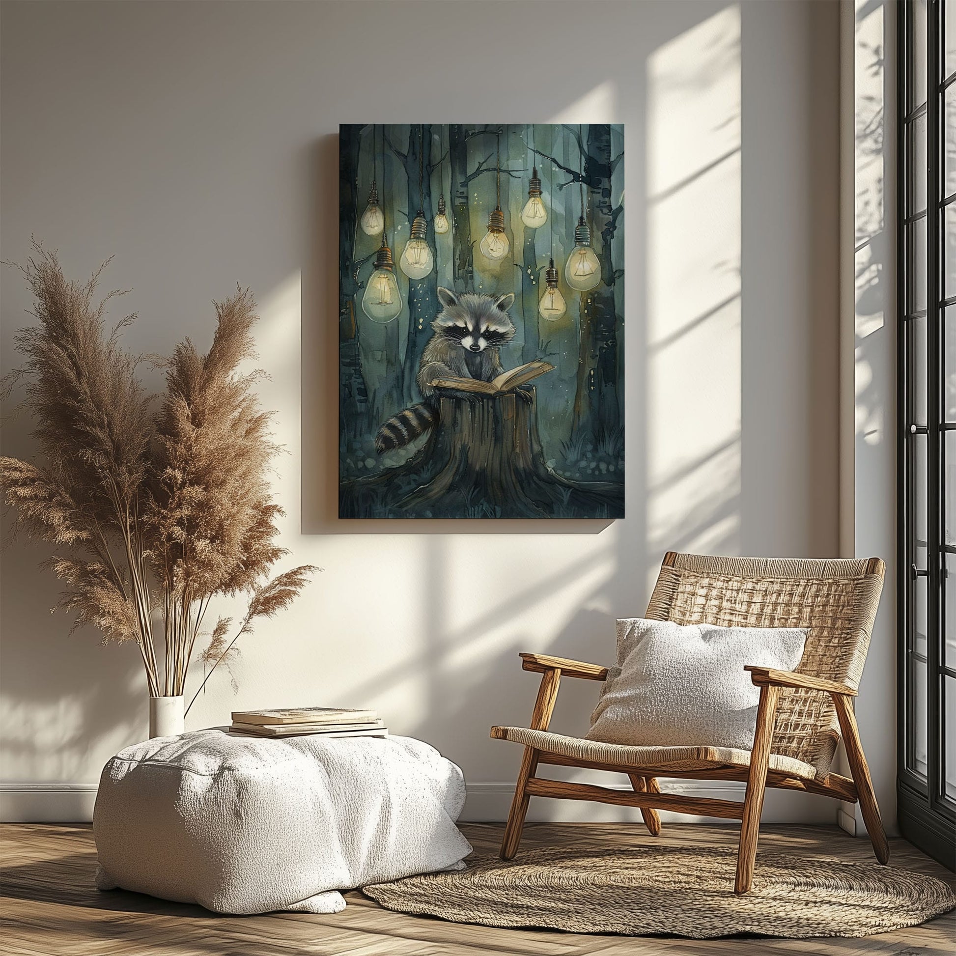 Whimsical raccoon reading canvas wall art featuring a raccoon with an open book under hanging lights in a dark enchanted forest