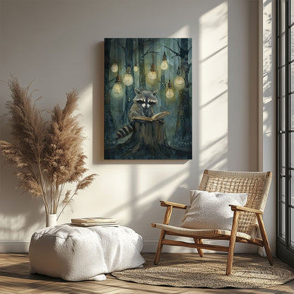 Whimsical raccoon reading canvas wall art featuring a raccoon with an open book under hanging lights in a dark enchanted forest