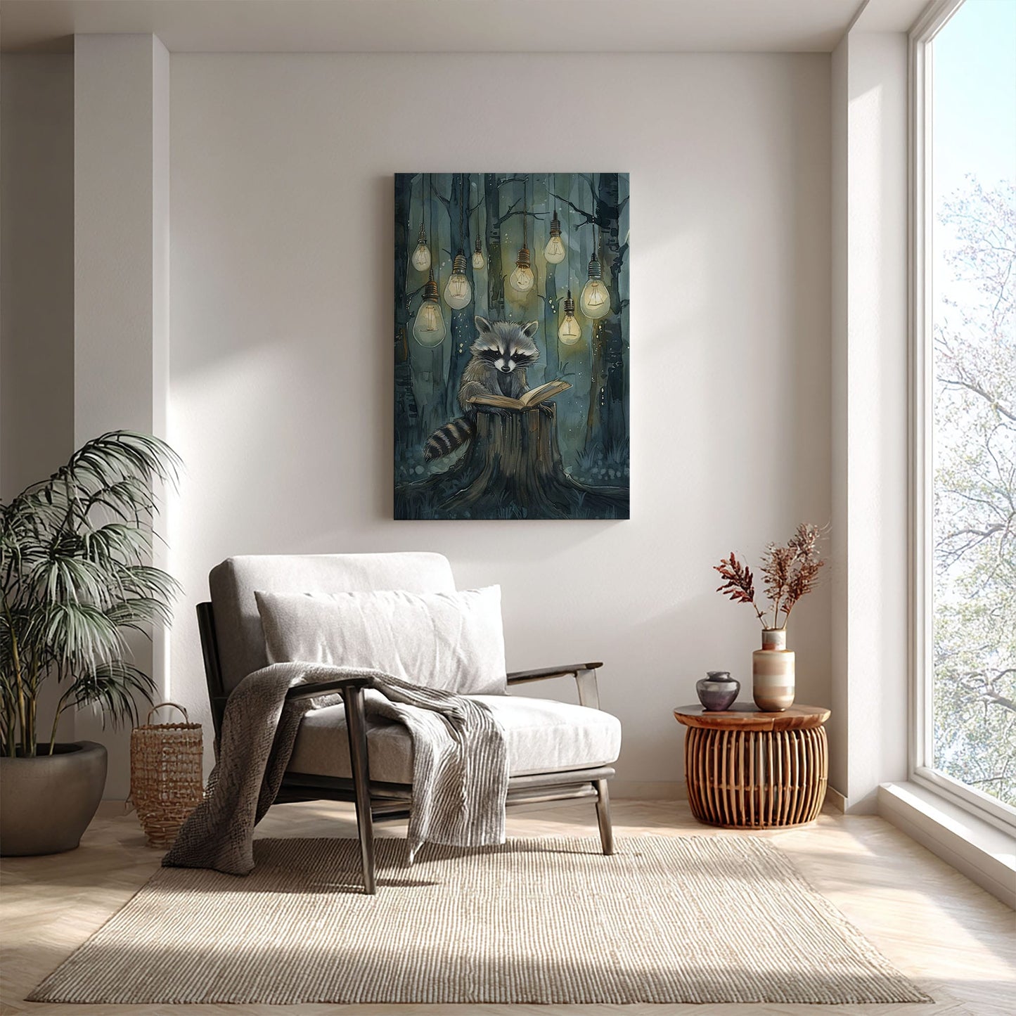 Whimsical raccoon reading canvas wall art featuring a raccoon with an open book under hanging lights in a dark enchanted forest