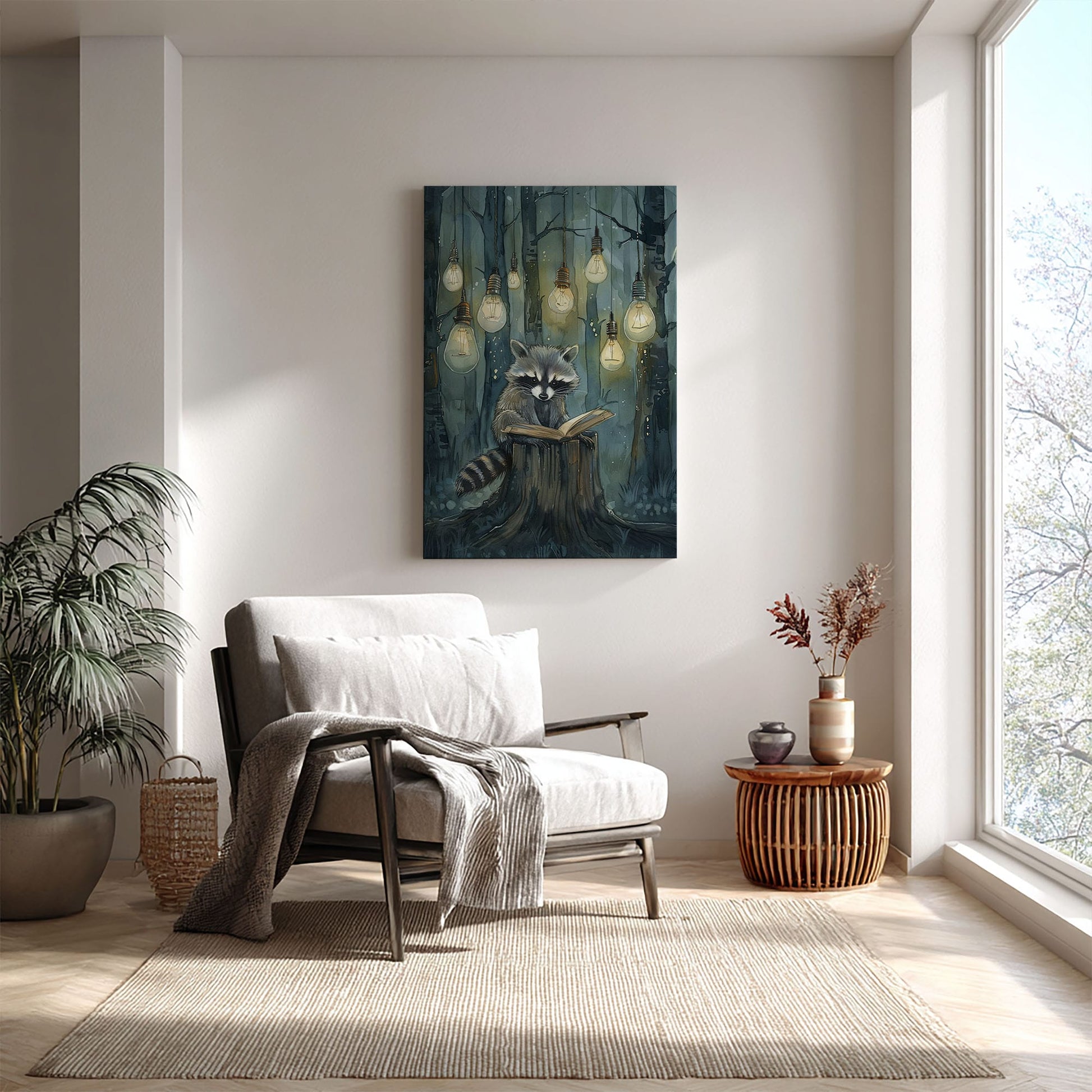 Whimsical raccoon reading canvas wall art featuring a raccoon with an open book under hanging lights in a dark enchanted forest