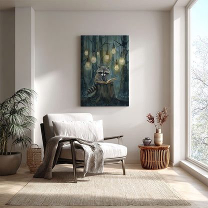 Whimsical raccoon reading canvas wall art featuring a raccoon with an open book under hanging lights in a dark enchanted forest