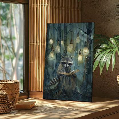 Whimsical raccoon reading canvas wall art featuring a raccoon with an open book under hanging lights in a dark enchanted forest