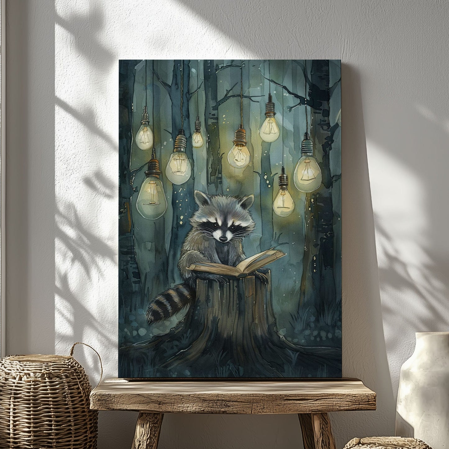 Whimsical raccoon reading canvas wall art featuring a raccoon with an open book under hanging lights in a dark enchanted forest