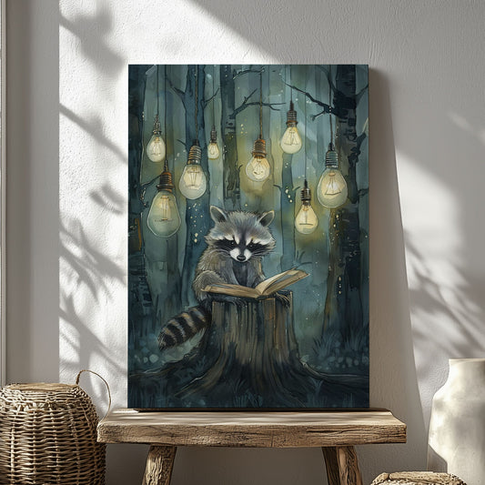 Whimsical raccoon reading canvas wall art featuring a raccoon with an open book under hanging lights in a dark enchanted forest