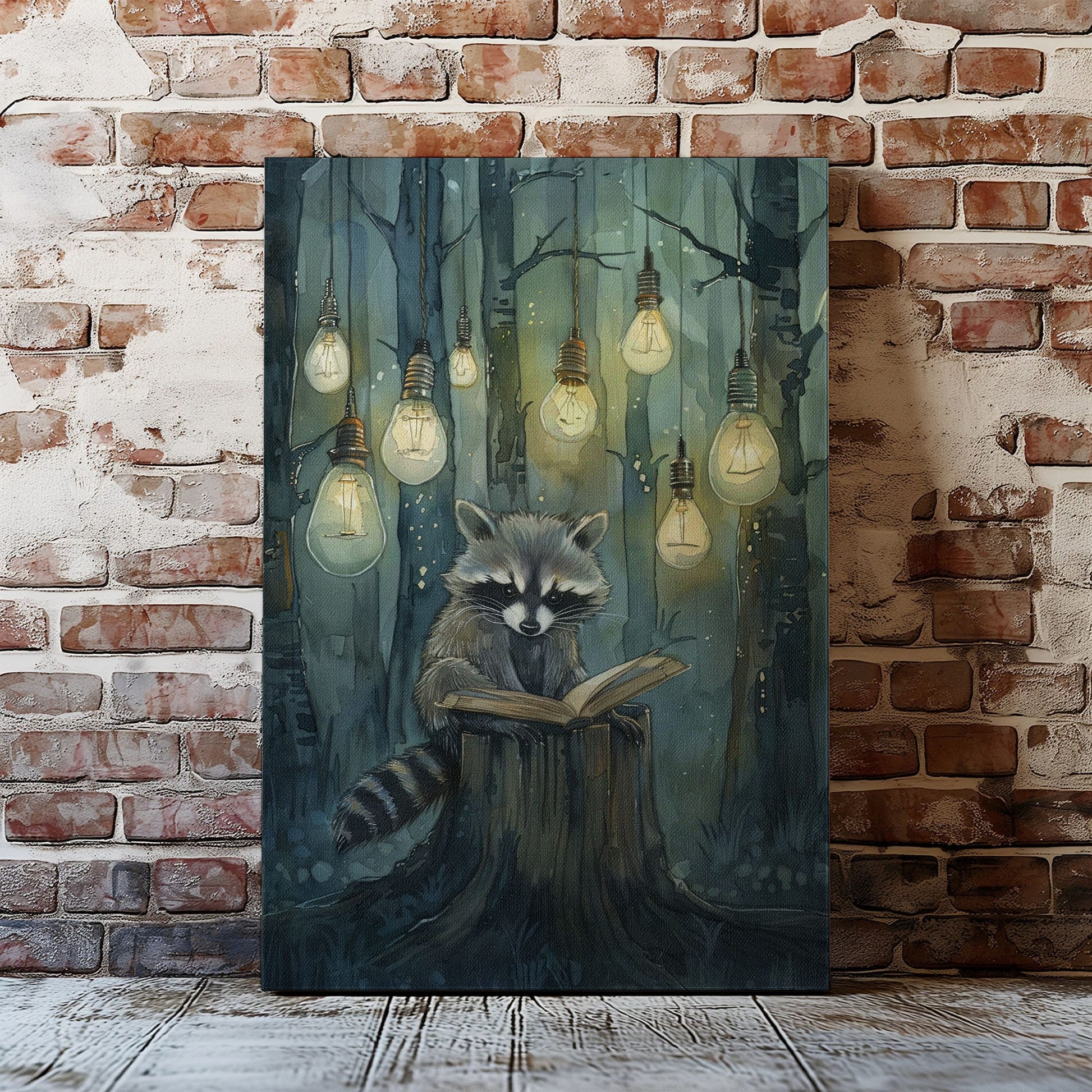 Whimsical raccoon reading canvas wall art featuring a raccoon with an open book under hanging lights in a dark enchanted forest