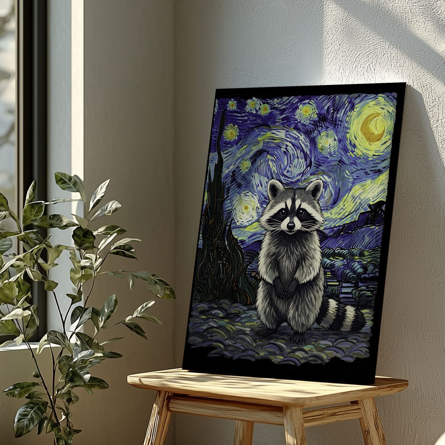 Starry Night raccoon canvas wall art featuring a raccoon in Van Gogh inspired starry sky with swirling blue and yellow brushstrokes