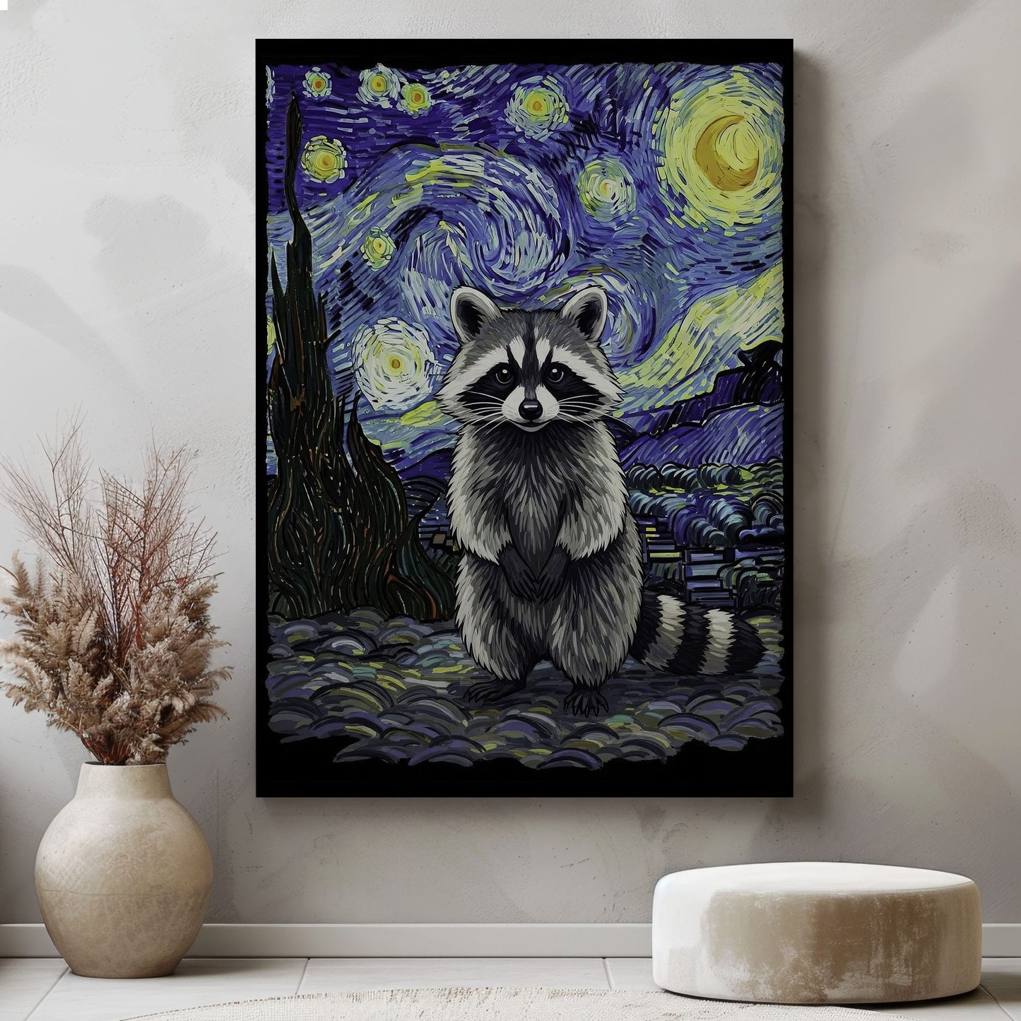 Starry Night raccoon canvas wall art featuring a raccoon in Van Gogh inspired starry sky with swirling blue and yellow brushstrokes