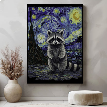 Starry Night raccoon canvas wall art featuring a raccoon in Van Gogh inspired starry sky with swirling blue and yellow brushstrokes