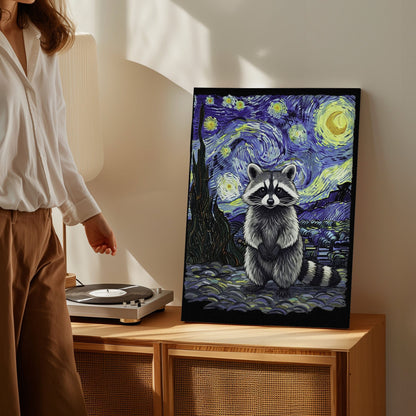 Starry Night raccoon canvas wall art featuring a raccoon in Van Gogh inspired starry sky with swirling blue and yellow brushstrokes