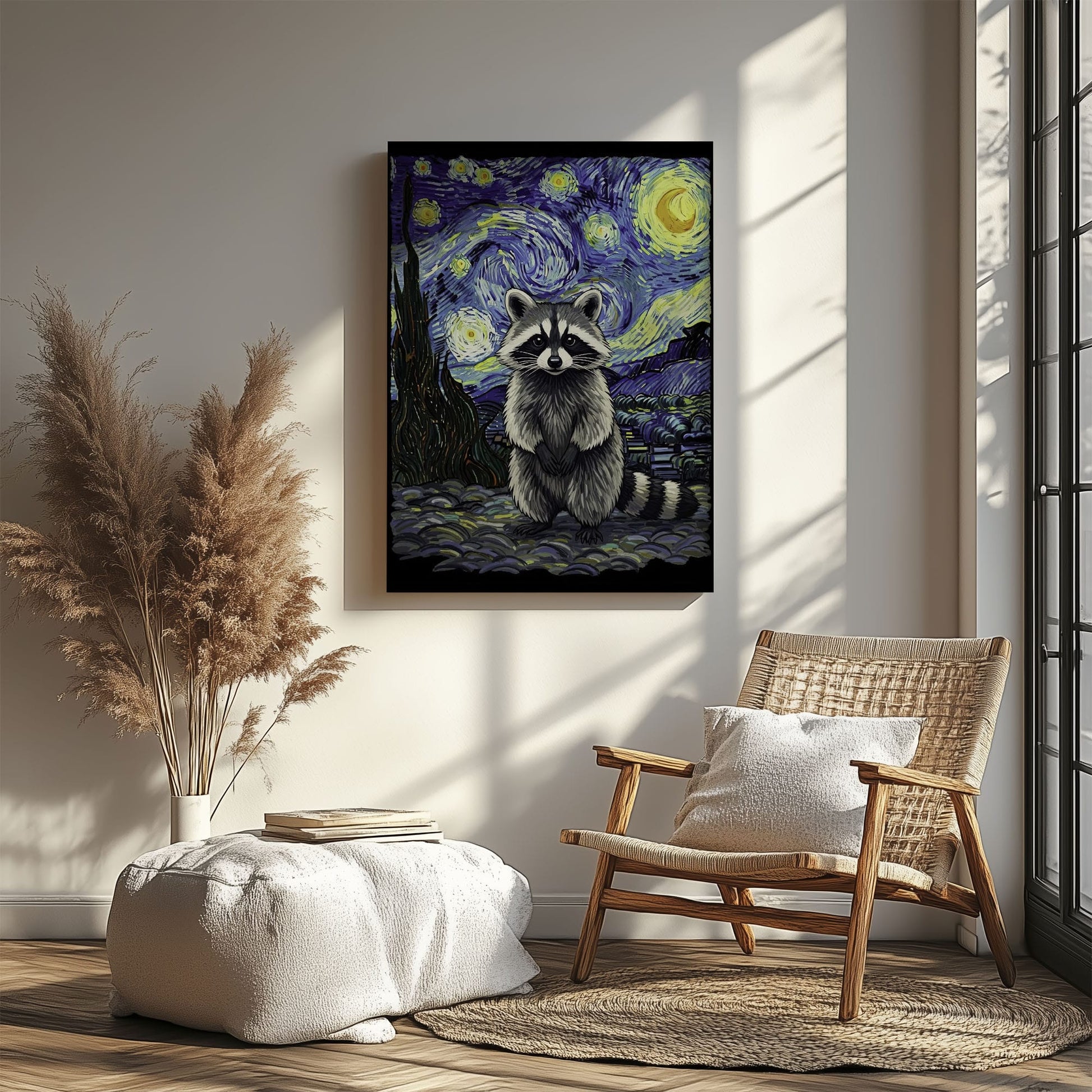 Starry Night raccoon canvas wall art featuring a raccoon in Van Gogh inspired starry sky with swirling blue and yellow brushstrokes