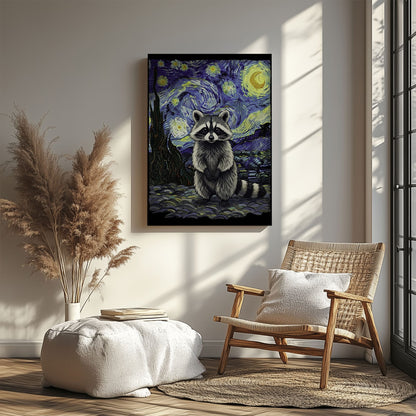 Starry Night raccoon canvas wall art featuring a raccoon in Van Gogh inspired starry sky with swirling blue and yellow brushstrokes