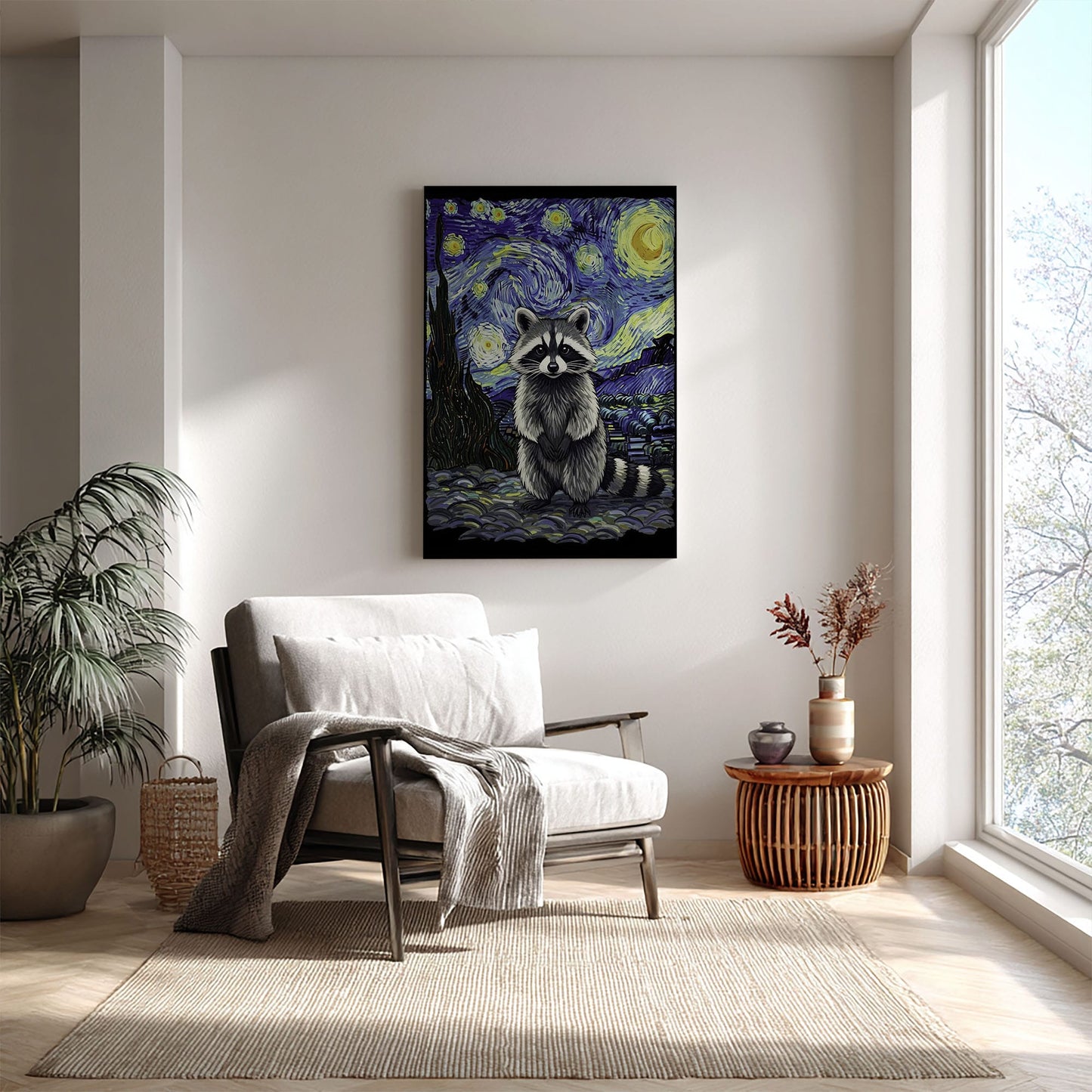Starry Night raccoon canvas wall art featuring a raccoon in Van Gogh inspired starry sky with swirling blue and yellow brushstrokes