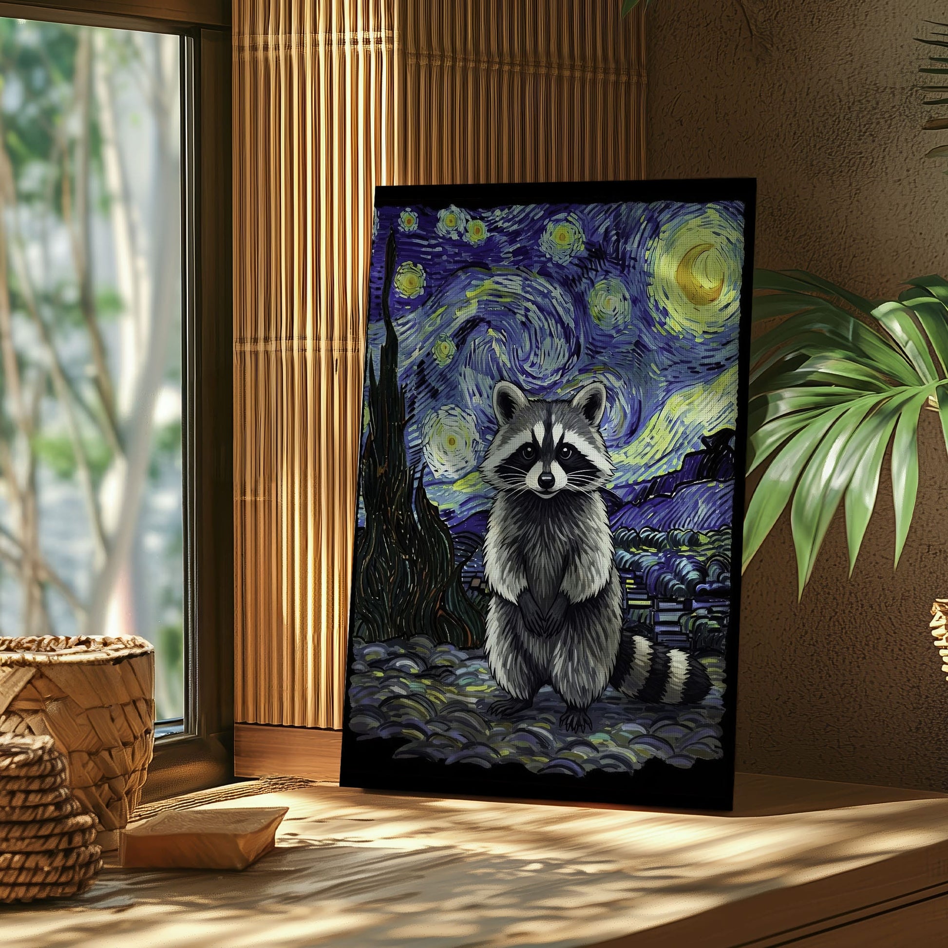 Starry Night raccoon canvas wall art featuring a raccoon in Van Gogh inspired starry sky with swirling blue and yellow brushstrokes