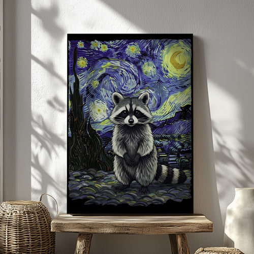 Starry Night raccoon canvas wall art featuring a raccoon in Van Gogh inspired starry sky with swirling blue and yellow brushstrokes