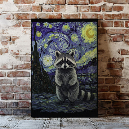 Starry Night raccoon canvas wall art featuring a raccoon in Van Gogh inspired starry sky with swirling blue and yellow brushstrokes