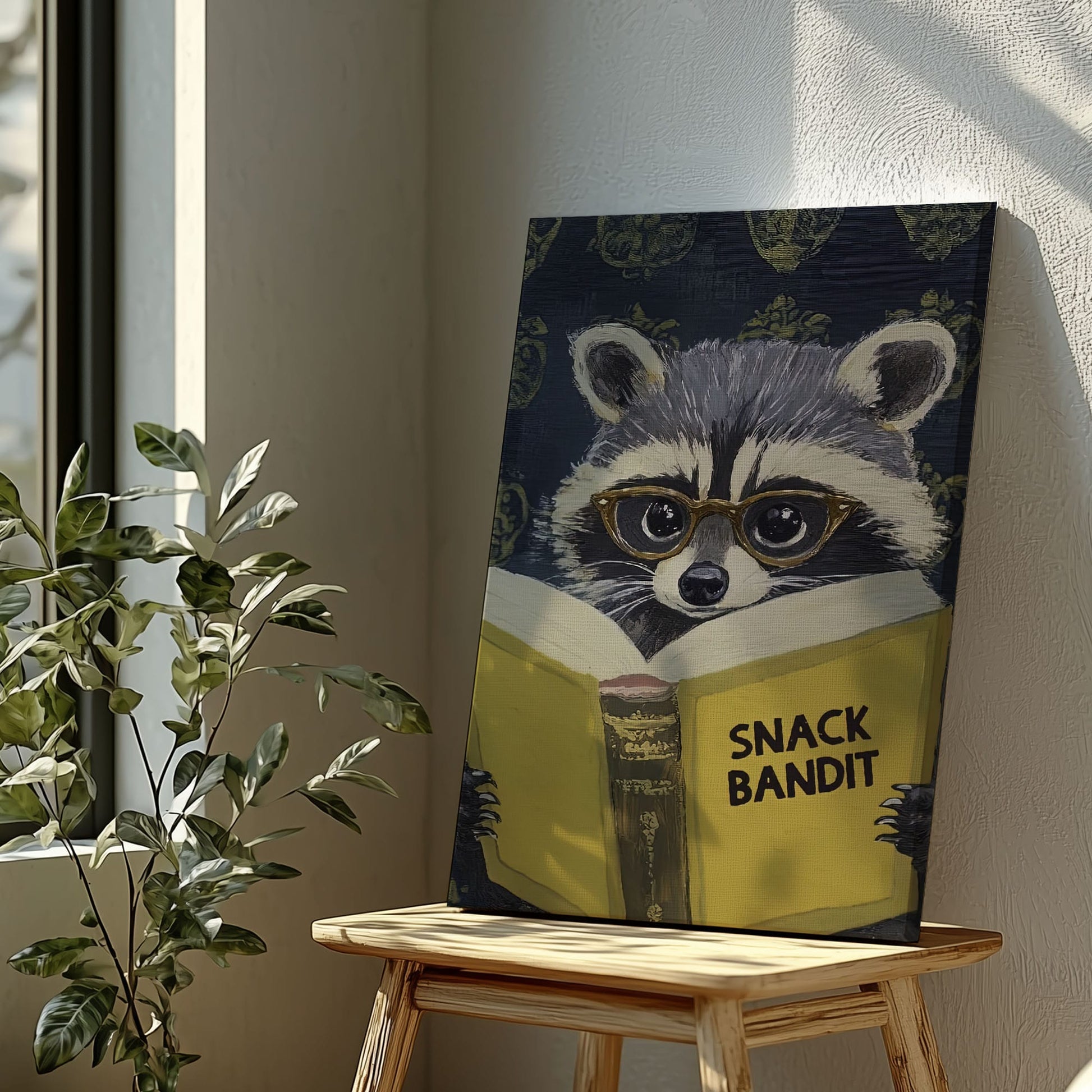 Snack Bandit raccoon canvas wall art featuring a raccoon wearing glasses reading a yellow book in vintage playful style