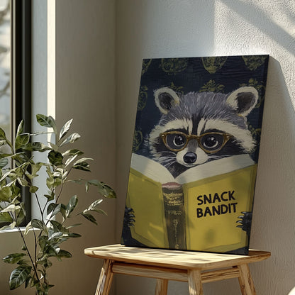 Snack Bandit raccoon canvas wall art featuring a raccoon wearing glasses reading a yellow book in vintage playful style