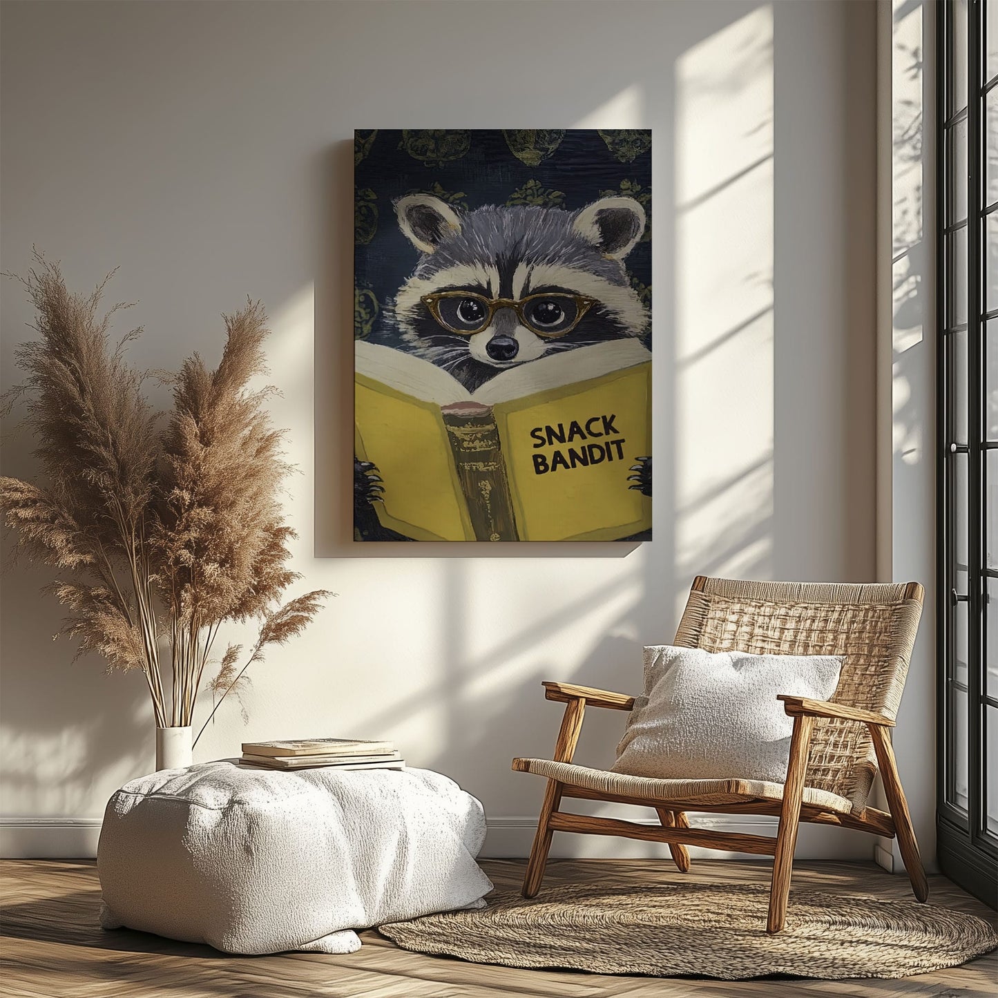 Snack Bandit raccoon canvas wall art featuring a raccoon wearing glasses reading a yellow book in vintage playful style