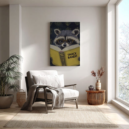 Snack Bandit raccoon canvas wall art featuring a raccoon wearing glasses reading a yellow book in vintage playful style