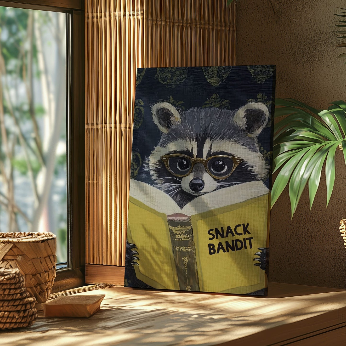 Snack Bandit raccoon canvas wall art featuring a raccoon wearing glasses reading a yellow book in vintage playful style