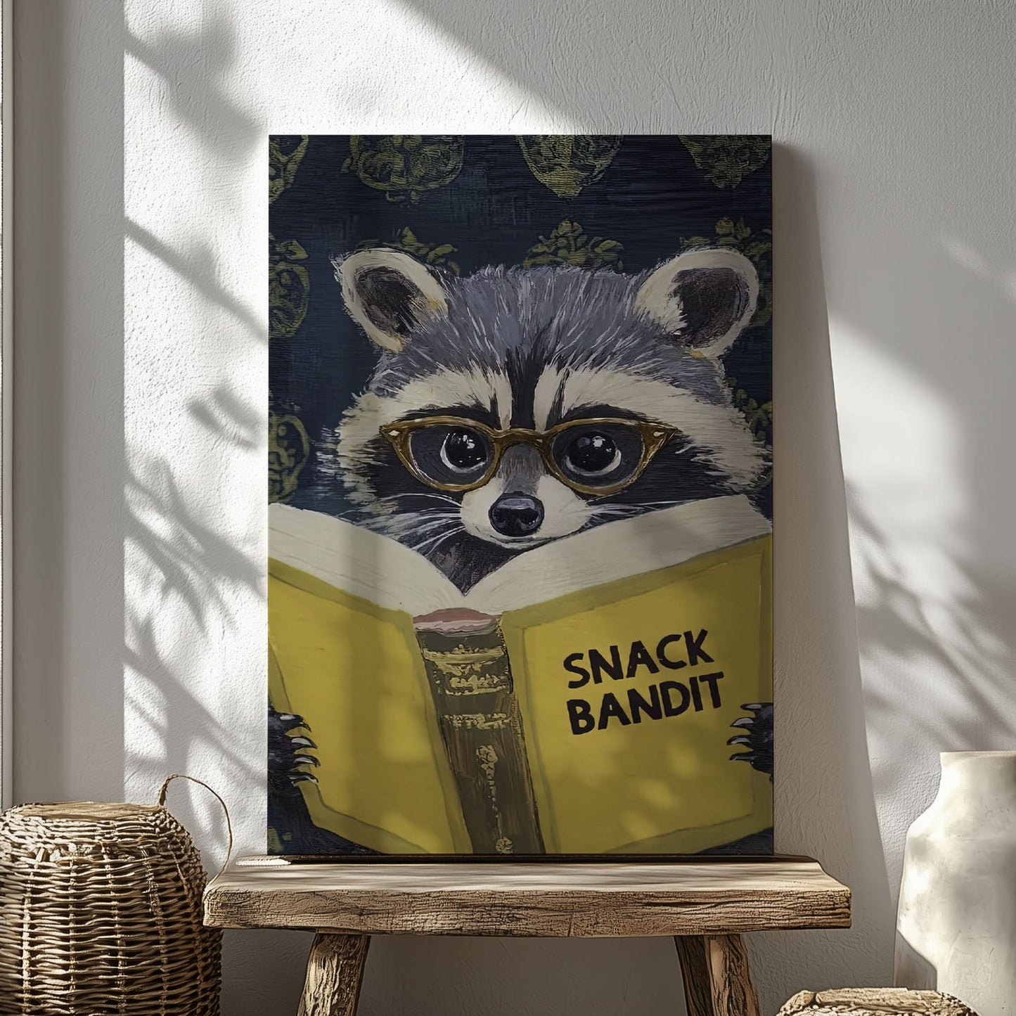 Snack Bandit raccoon canvas wall art featuring a raccoon wearing glasses reading a yellow book in vintage playful style