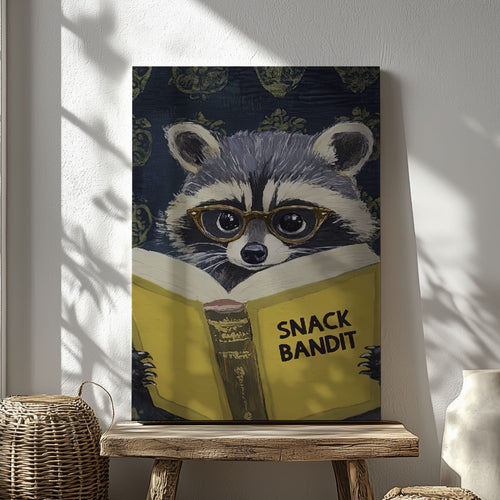 Snack Bandit raccoon canvas wall art featuring a raccoon wearing glasses reading a yellow book in vintage playful style