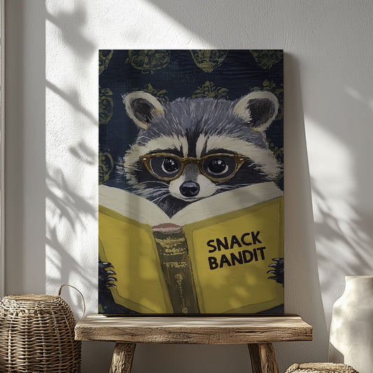Snack Bandit raccoon canvas wall art featuring a raccoon wearing glasses reading a yellow book in vintage playful style