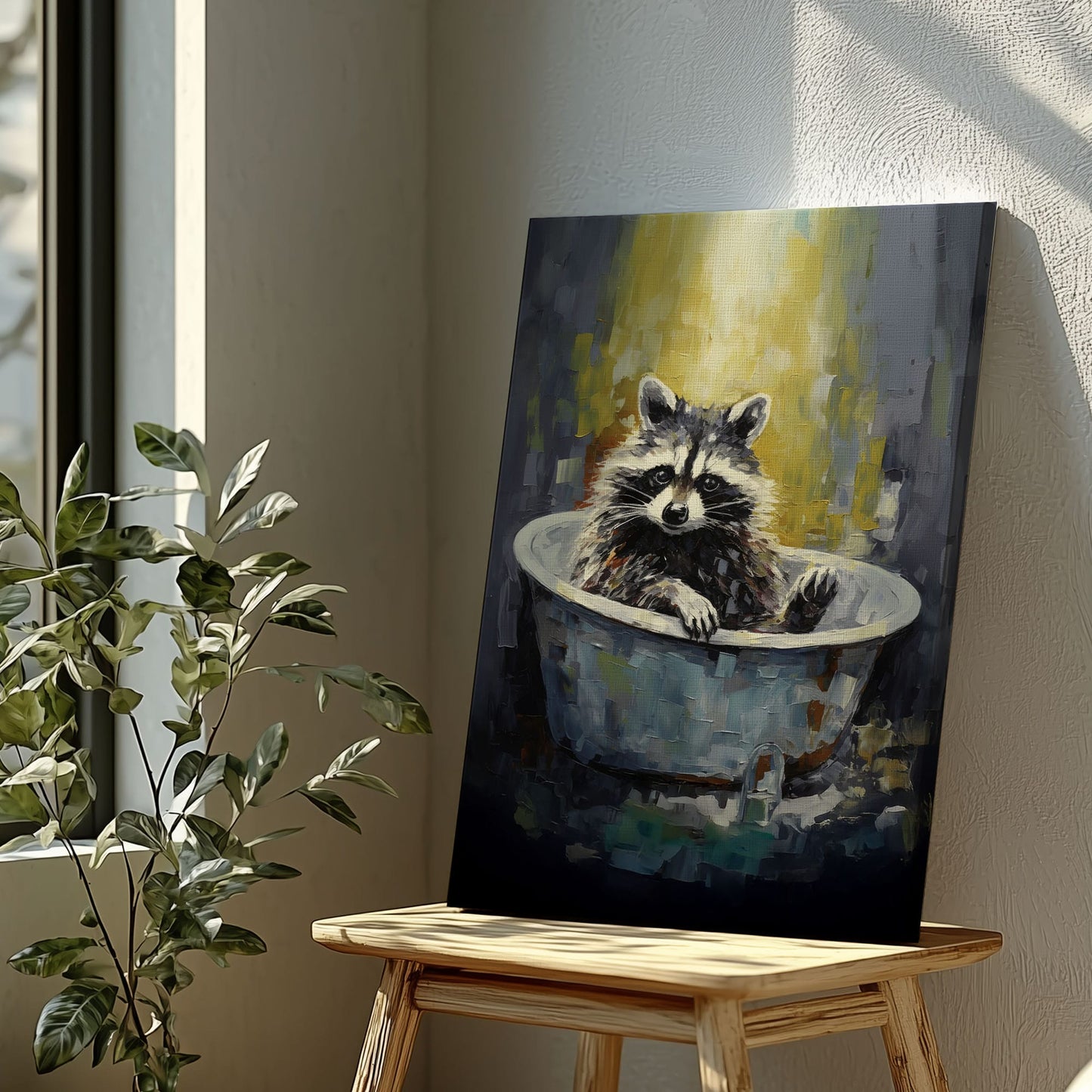 Raccoon in bathtub impressionist canvas wall art featuring a raccoon sitting in a vintage tub painted with textured brushstrokes