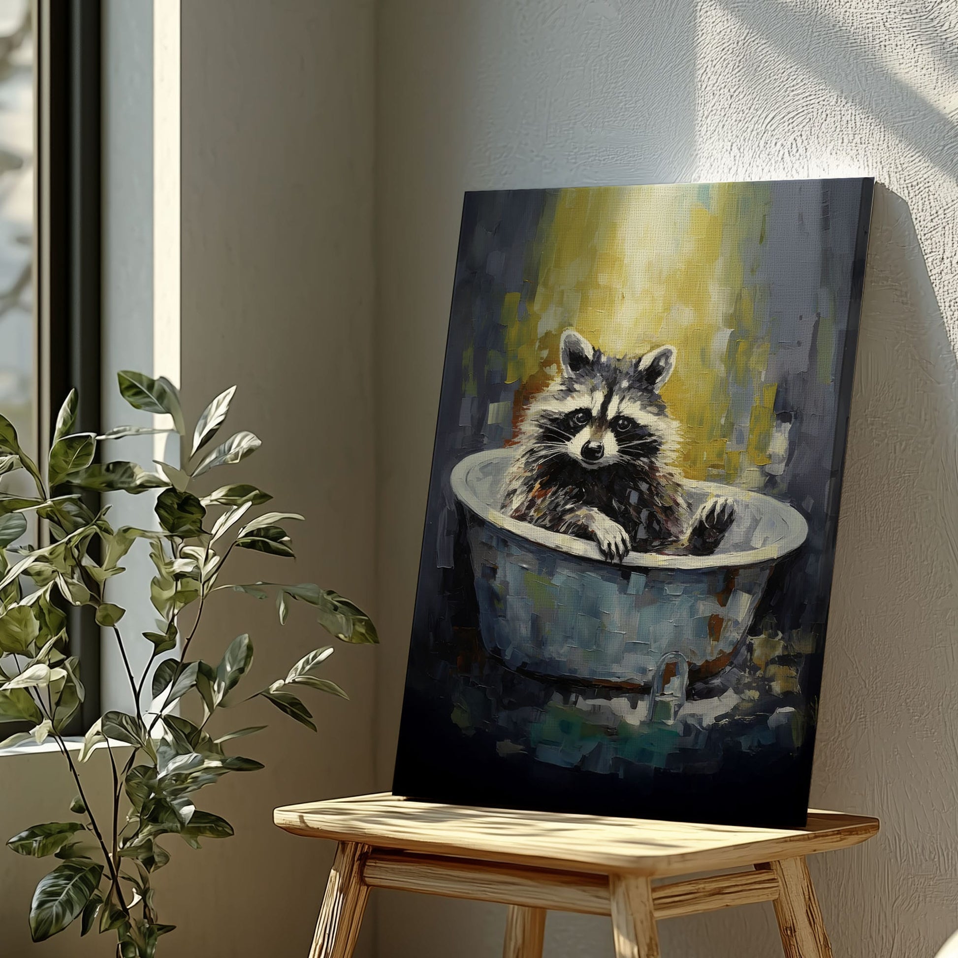 Raccoon in bathtub impressionist canvas wall art featuring a raccoon sitting in a vintage tub painted with textured brushstrokes
