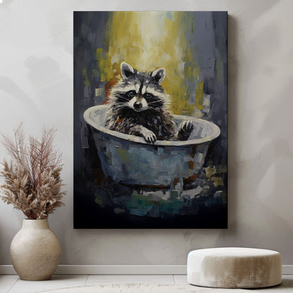 Raccoon in bathtub impressionist canvas wall art featuring a raccoon sitting in a vintage tub painted with textured brushstrokes