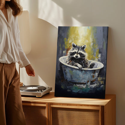 Raccoon in bathtub impressionist canvas wall art featuring a raccoon sitting in a vintage tub painted with textured brushstrokes
