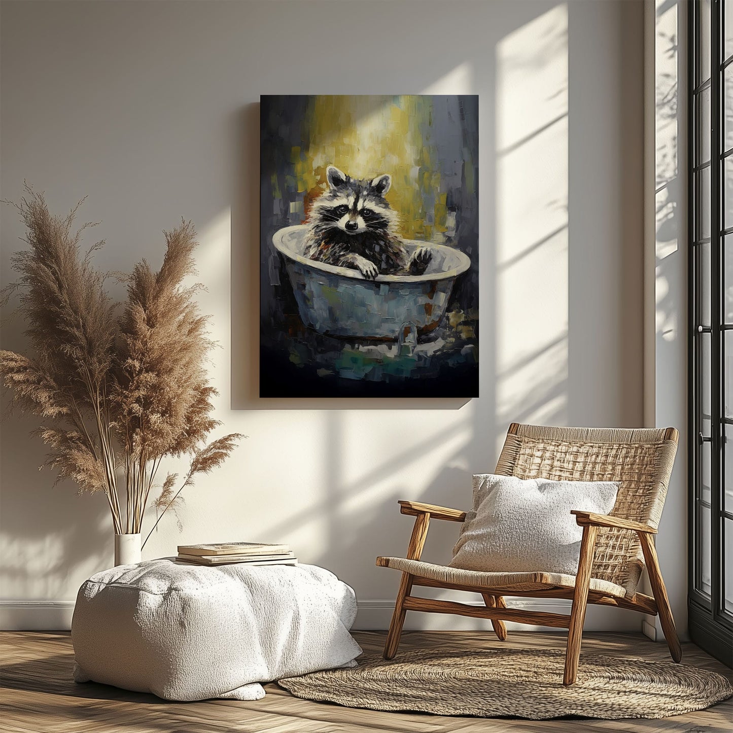 Raccoon in bathtub impressionist canvas wall art featuring a raccoon sitting in a vintage tub painted with textured brushstrokes