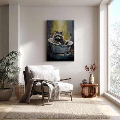 Raccoon in bathtub impressionist canvas wall art featuring a raccoon sitting in a vintage tub painted with textured brushstrokes