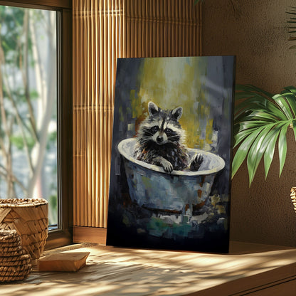 Raccoon in bathtub impressionist canvas wall art featuring a raccoon sitting in a vintage tub painted with textured brushstrokes