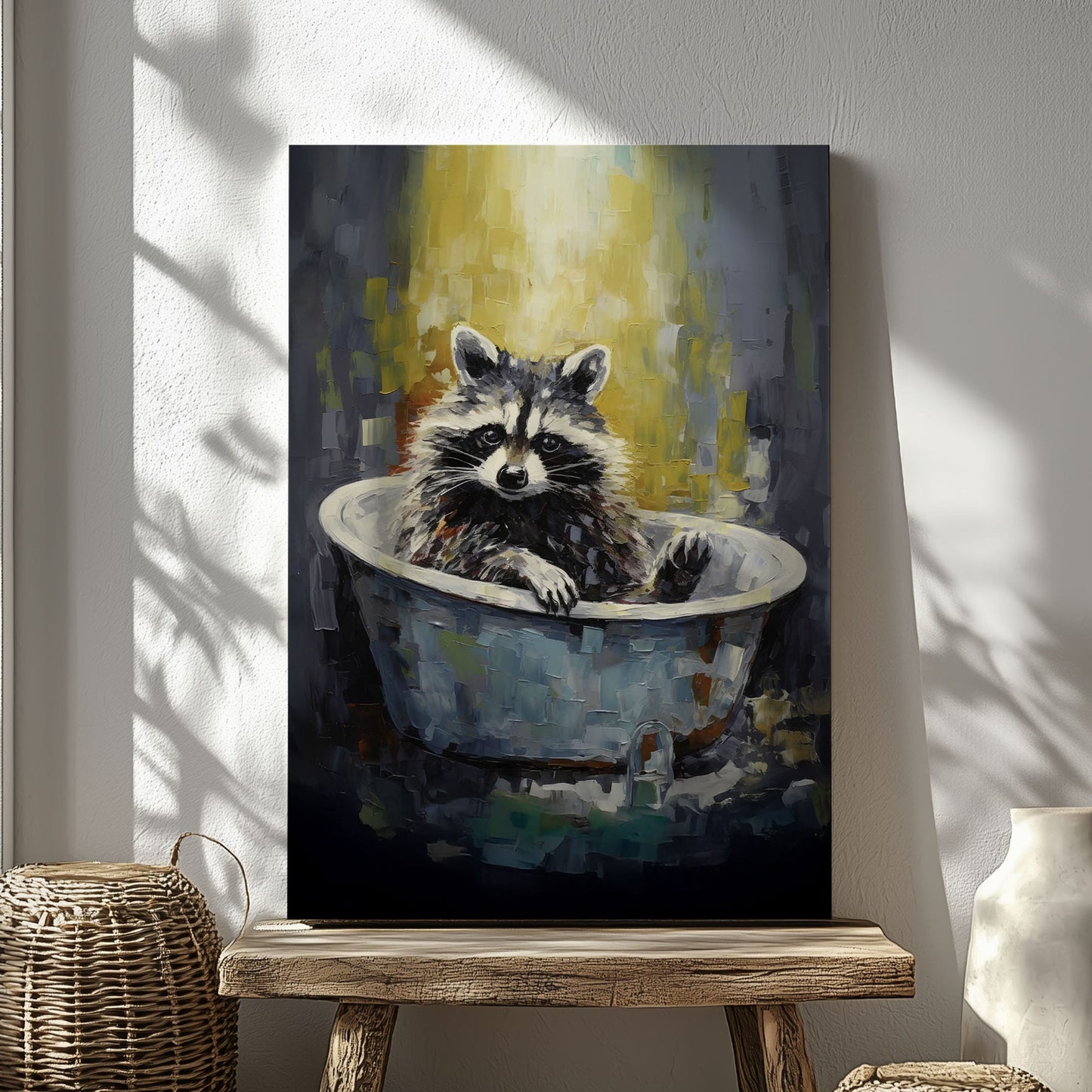 Raccoon in bathtub impressionist canvas wall art featuring a raccoon sitting in a vintage tub painted with textured brushstrokes