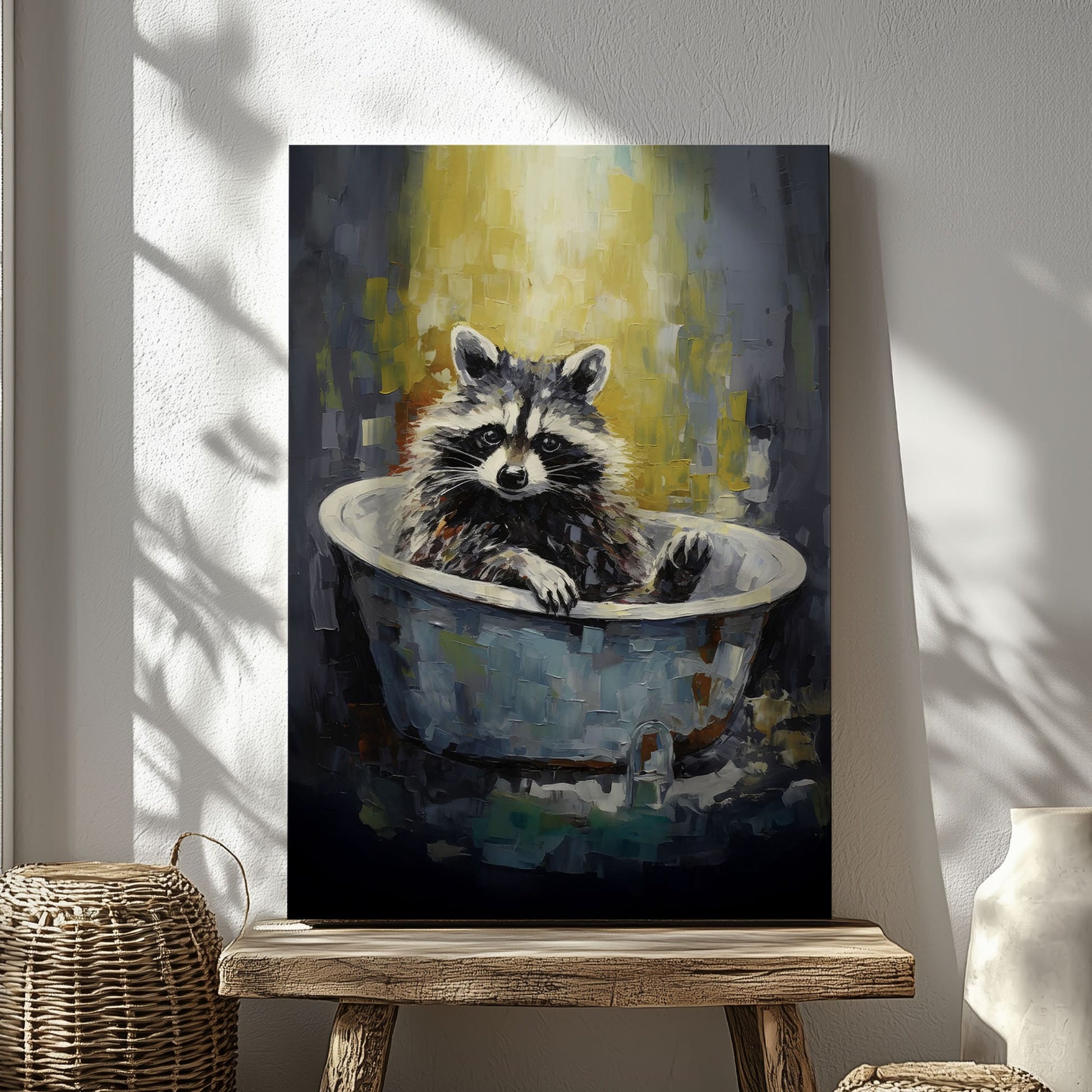 Raccoon in bathtub impressionist canvas wall art featuring a raccoon sitting in a vintage tub painted with textured brushstrokes