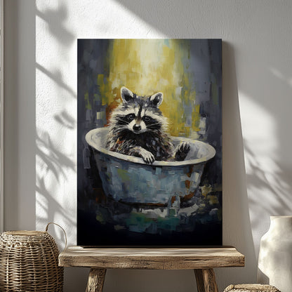 Raccoon in bathtub impressionist canvas wall art featuring a raccoon sitting in a vintage tub painted with textured brushstrokes