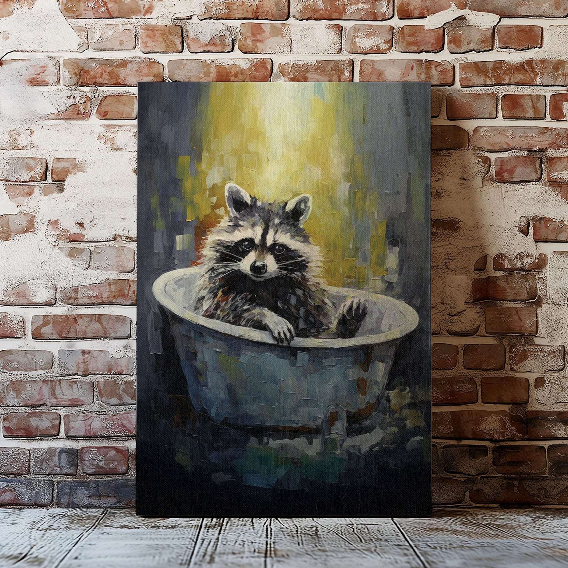 Raccoon in bathtub impressionist canvas wall art featuring a raccoon sitting in a vintage tub painted with textured brushstrokes