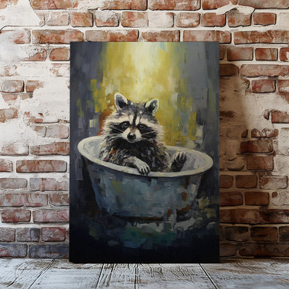 Raccoon in bathtub impressionist canvas wall art featuring a raccoon sitting in a vintage tub painted with textured brushstrokes