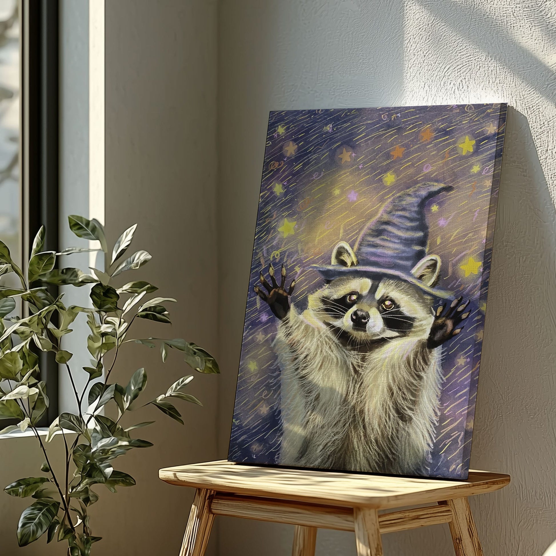 Witch raccoon canvas wall art featuring a raccoon wearing a purple wizard hat surrounded by glowing stars in magical night sky style
