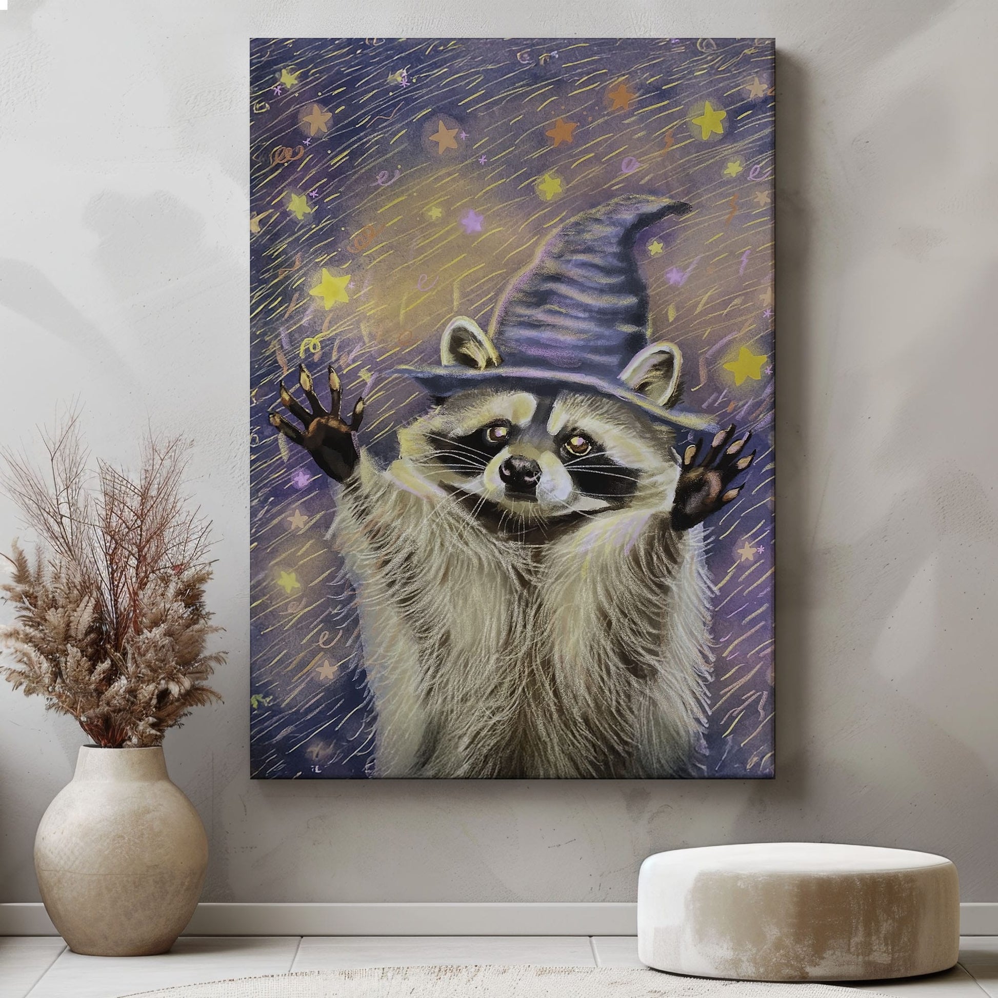 Witch raccoon canvas wall art featuring a raccoon wearing a purple wizard hat surrounded by glowing stars in magical night sky style