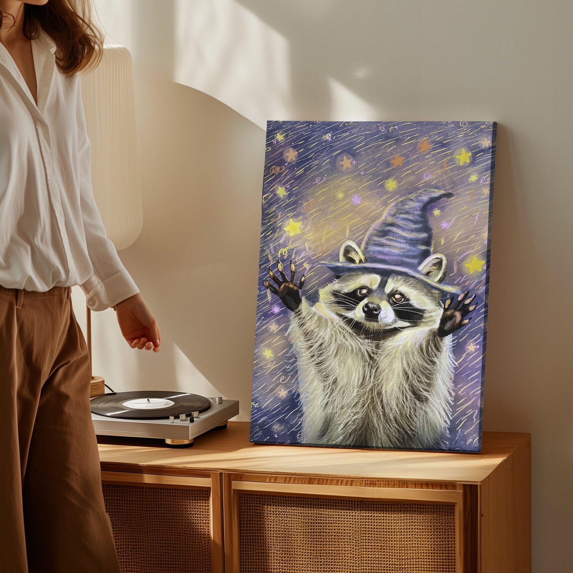 Witch raccoon canvas wall art featuring a raccoon wearing a purple wizard hat surrounded by glowing stars in magical night sky style