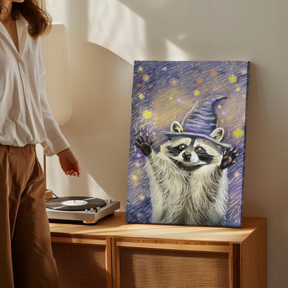 Witch raccoon canvas wall art featuring a raccoon wearing a purple wizard hat surrounded by glowing stars in magical night sky style
