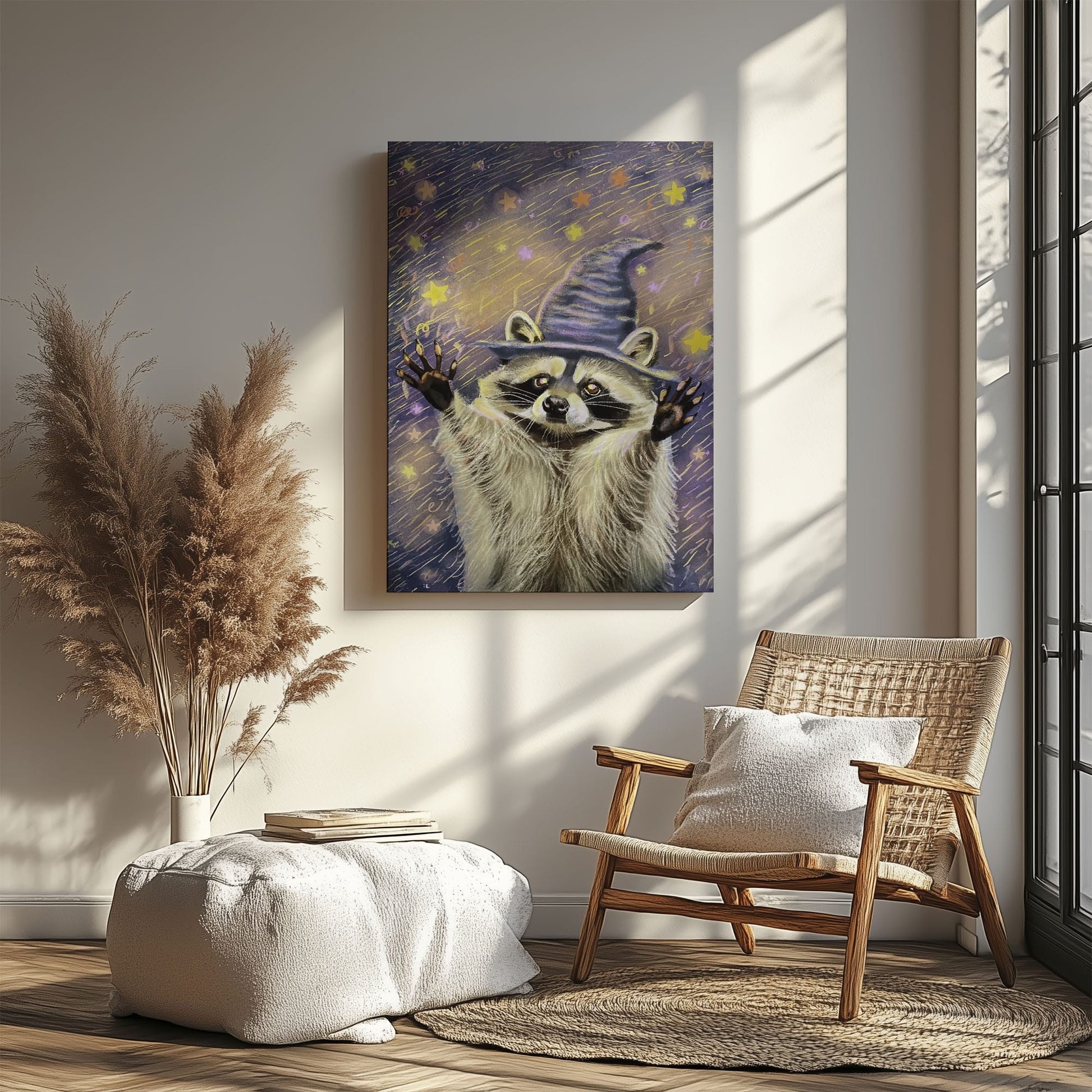 Witch raccoon canvas wall art featuring a raccoon wearing a purple wizard hat surrounded by glowing stars in magical night sky style