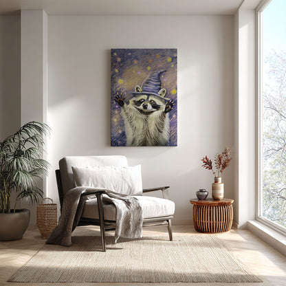 Witch raccoon canvas wall art featuring a raccoon wearing a purple wizard hat surrounded by glowing stars in magical night sky style