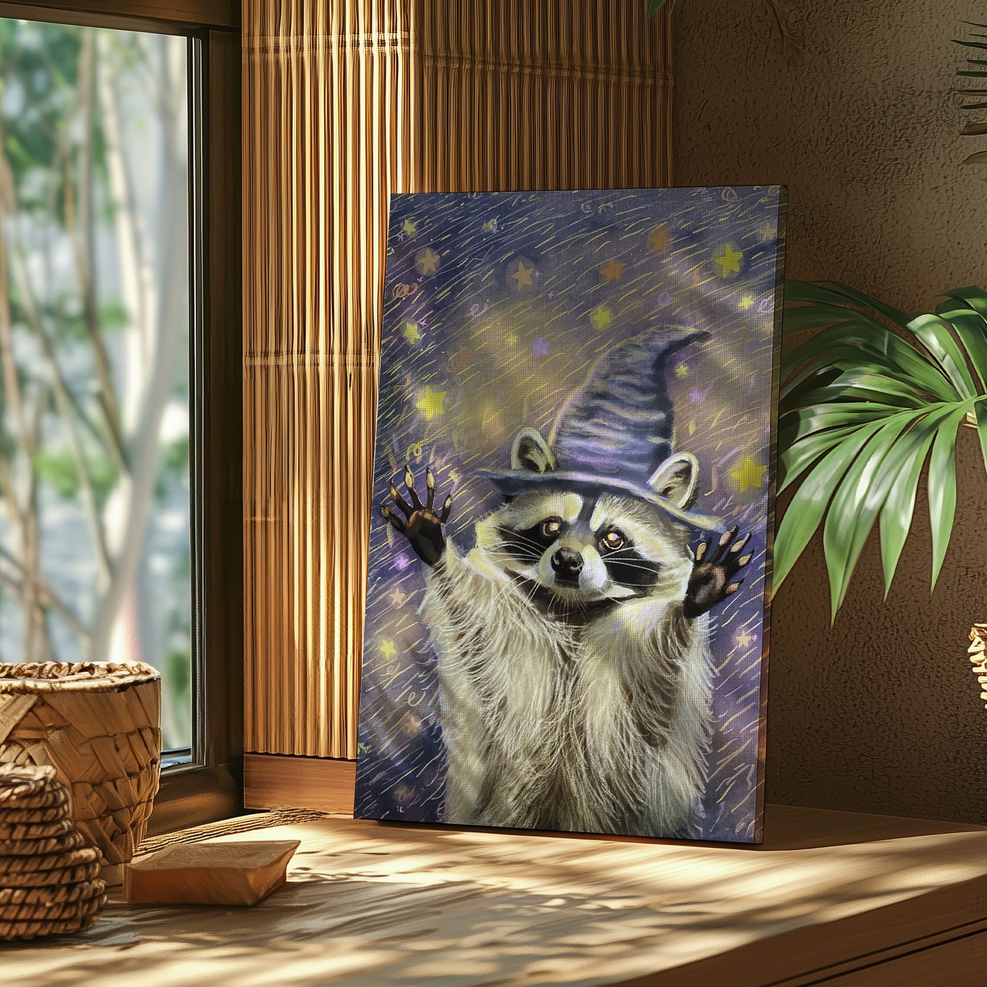 Witch raccoon canvas wall art featuring a raccoon wearing a purple wizard hat surrounded by glowing stars in magical night sky style
