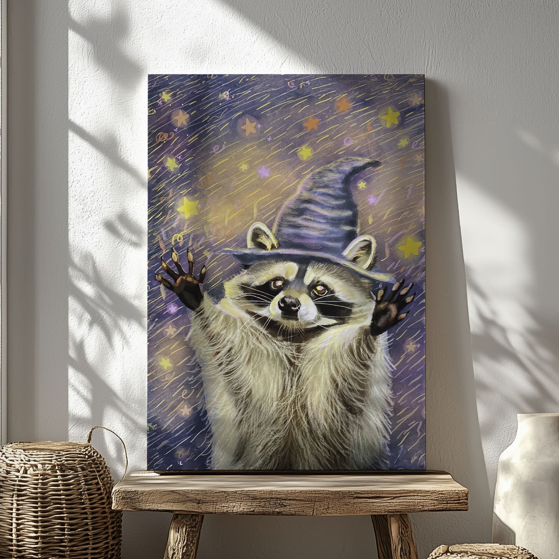Witch raccoon canvas wall art featuring a raccoon wearing a purple wizard hat surrounded by glowing stars in magical night sky style
