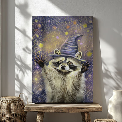 Witch raccoon canvas wall art featuring a raccoon wearing a purple wizard hat surrounded by glowing stars in magical night sky style