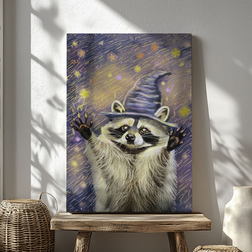 Witch raccoon canvas wall art featuring a raccoon wearing a purple wizard hat surrounded by glowing stars in magical night sky style