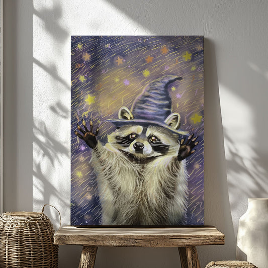 Witch raccoon canvas wall art featuring a raccoon wearing a purple wizard hat surrounded by glowing stars in magical night sky style